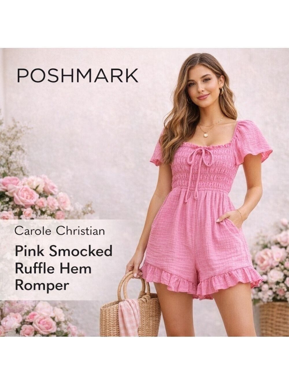 Carole Christian Romper Pink Smocked Ruffle Flutter Sleeve Size Small NWT